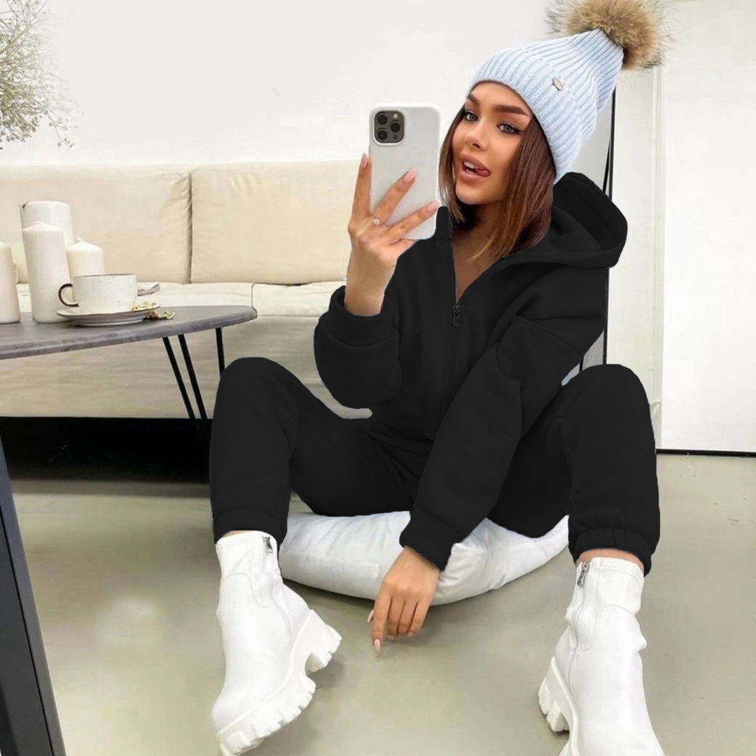 Women's sporty fleece jumpsuit with hood and zipper Lisslune