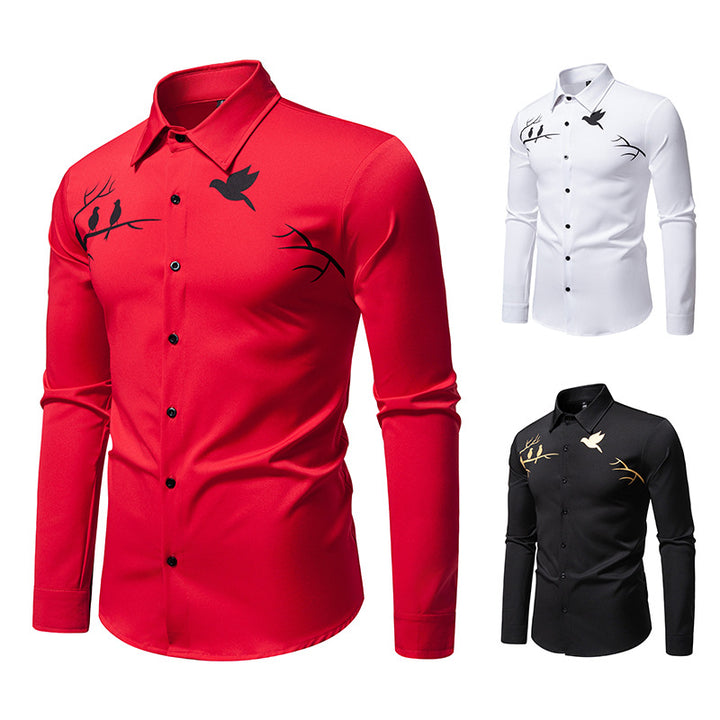 Men's Long Sleeve Shirt with Artistic Bird Motif Lisslune
