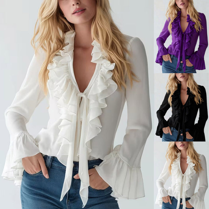 Damen Elegantes Oberteil mit Volants und tiefem V-Ausschnitt Lisslune