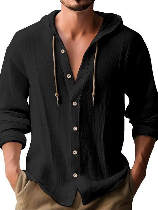 Men's leisure shirt with hood and button placket Lisslune