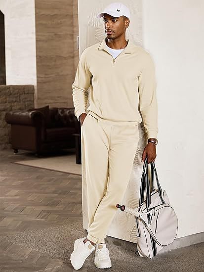 Men's leisure suit with modern stand-up collar and practical zipper pockets Lisslune