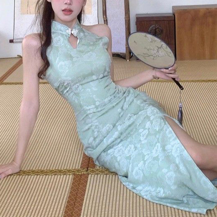 Ladies Elegant Evening Dress with Chic High Collar and Floral Pattern