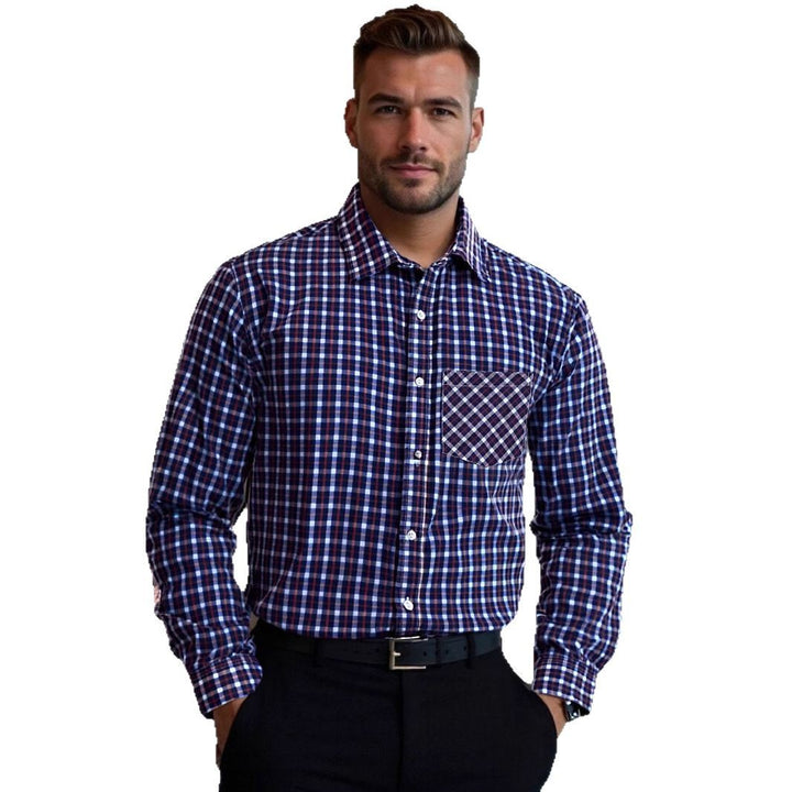 Men's checkered long sleeve shirt with fashionable chest pocket Lisslune
