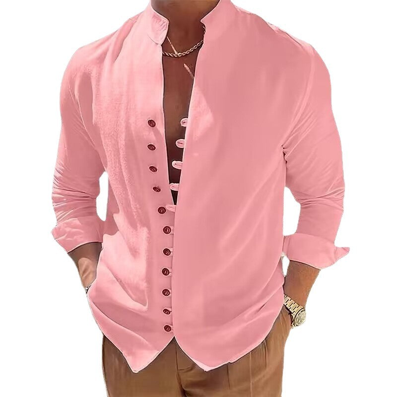 Men's long-sleeve shirt with stylish button placket and casual stand-up collar Lisslune