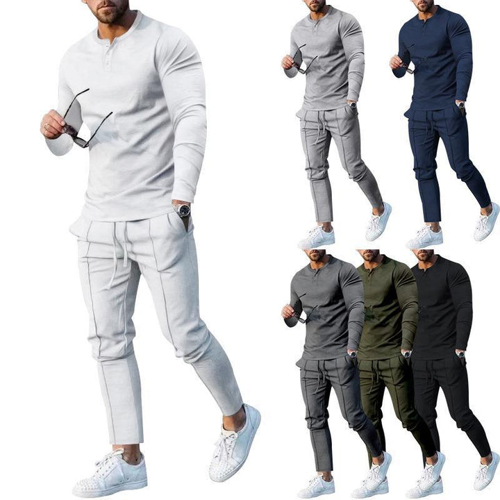 Men's sporty top and pants set with modern Henley neckline Lisslune