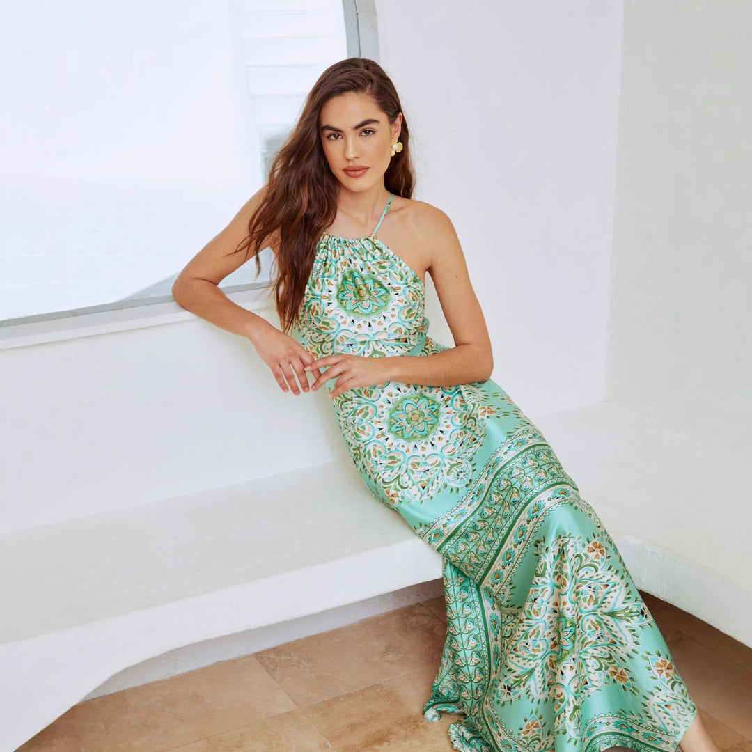 Women's maxi dress with playful floral design and flared skirt