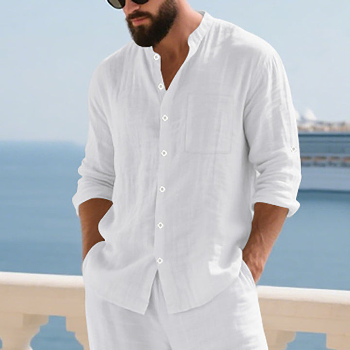 Men's linen shirt with modern stand-up collar and practical breast pocket Lisslune