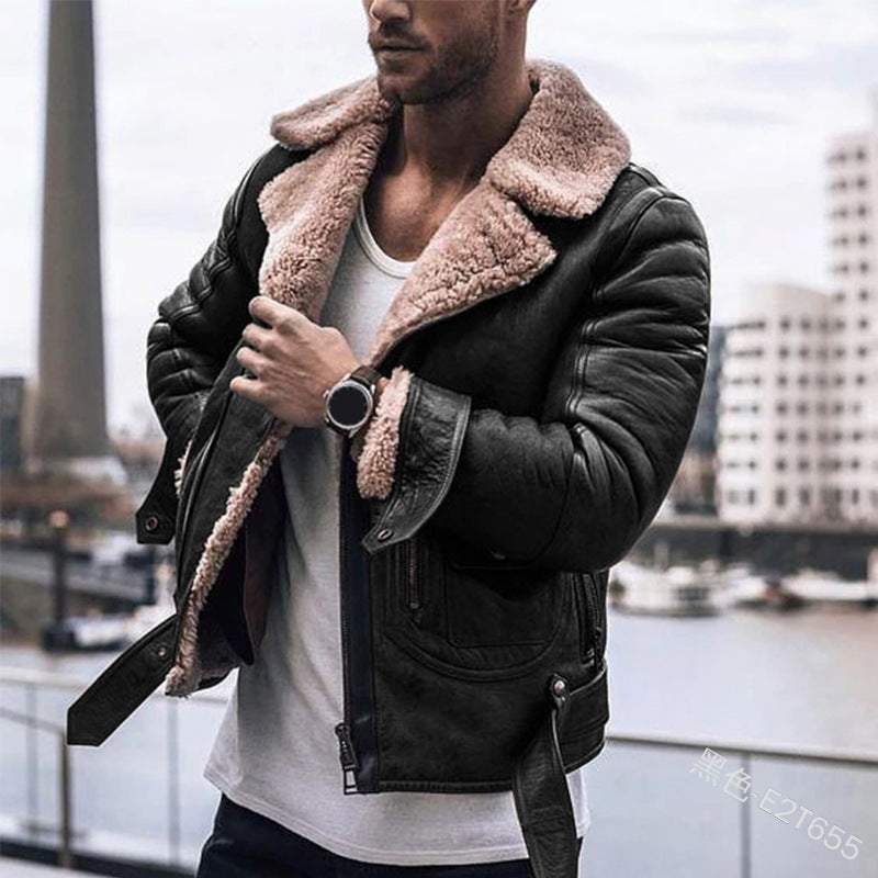Men's leather jacket with collar-shaped teddy lining Lisslune