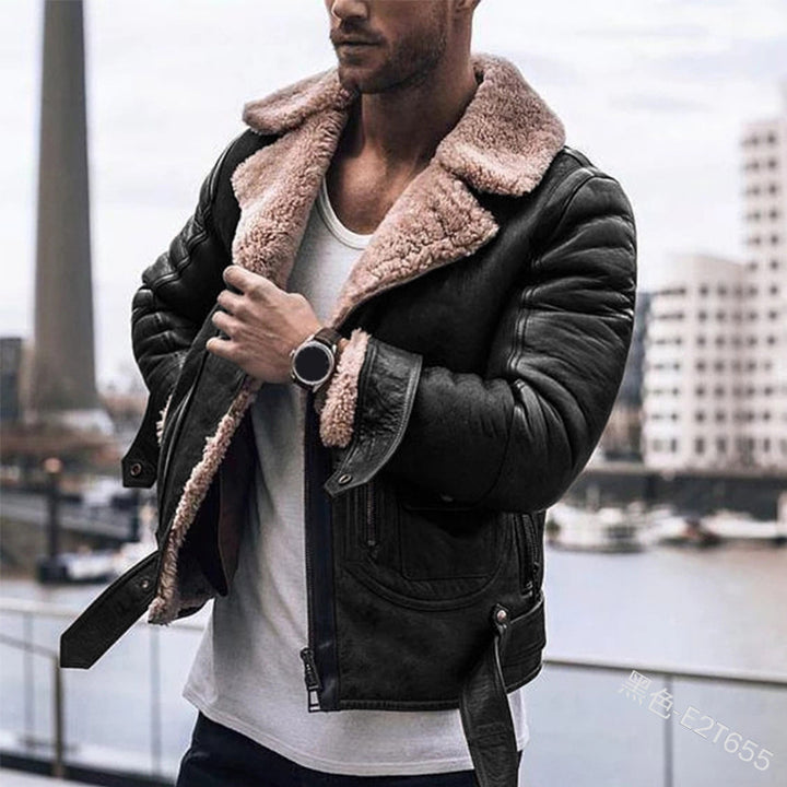 Men's leather jacket with collar-shaped teddy lining Lisslune