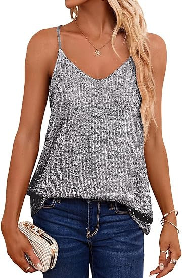Women's Sparkling Spaghetti Strap Top with V-Neck and Shimmering Details Lisslune