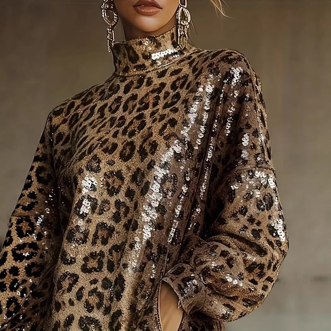 Women Glittering Short Dress with Leopard Pattern and Fringes Lisslune