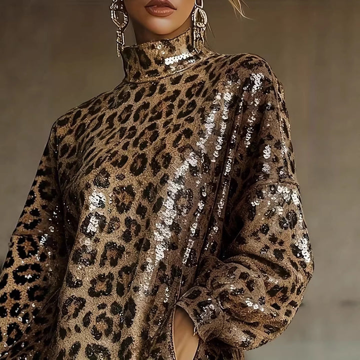 Women Glittering Short Dress with Leopard Pattern and Fringes Lisslune