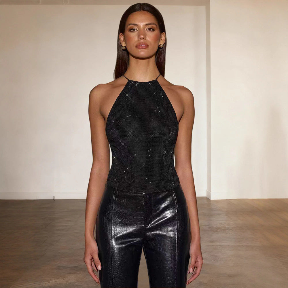 Women's Sparkling Top with Narrow Halter Design and Shimmering Accents Lisslune