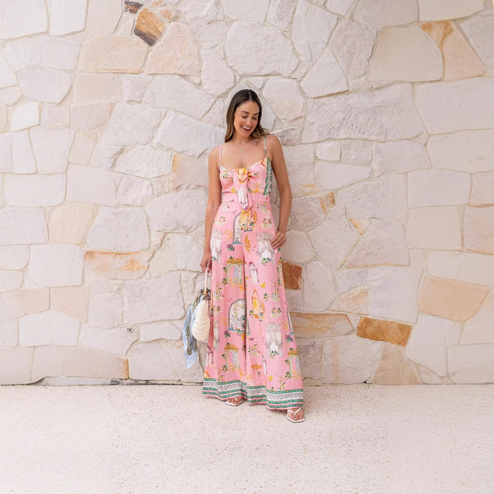 Ladies long summer dress with playful neckline and colorful pattern Lune London