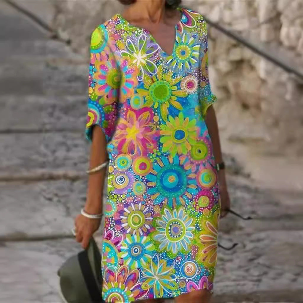 Women's casual leisure dress with floral patterns and V-neck