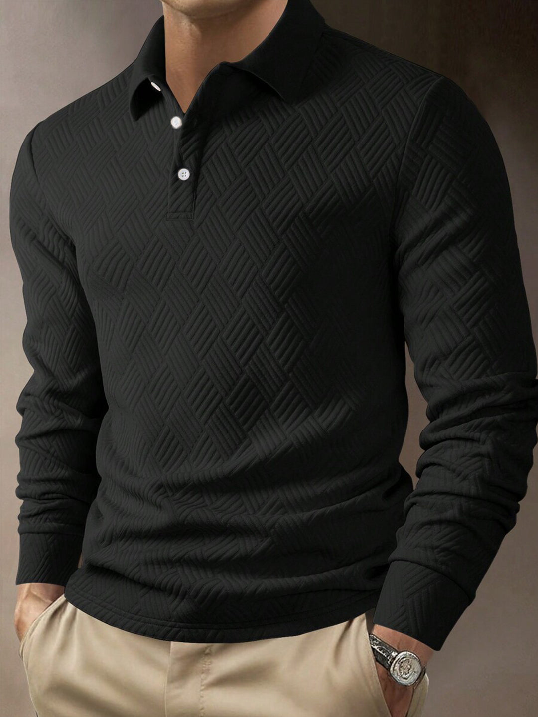 Men's Long Sleeve Polo Shirt with Textured Design Lisslune
