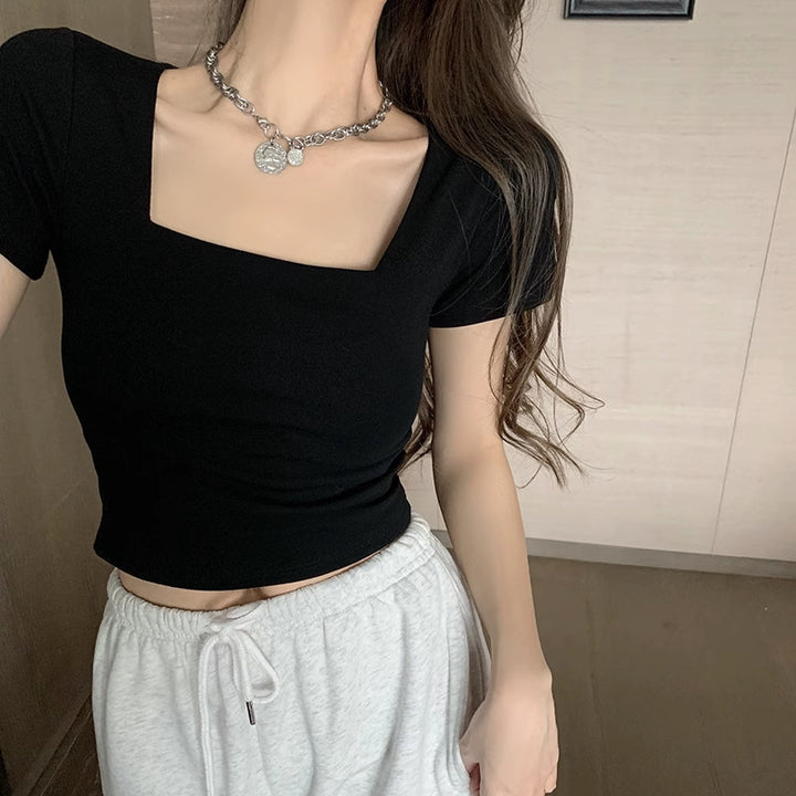 Women Cropped T-Shirt with modern square neckline and fitted cut