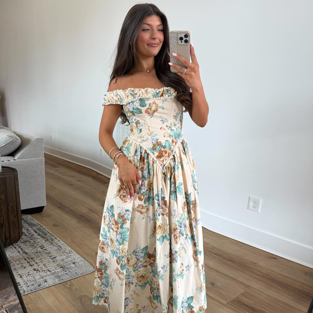 Women Off-Shoulder Maxi Dress with Floral Accents and Gathered Top