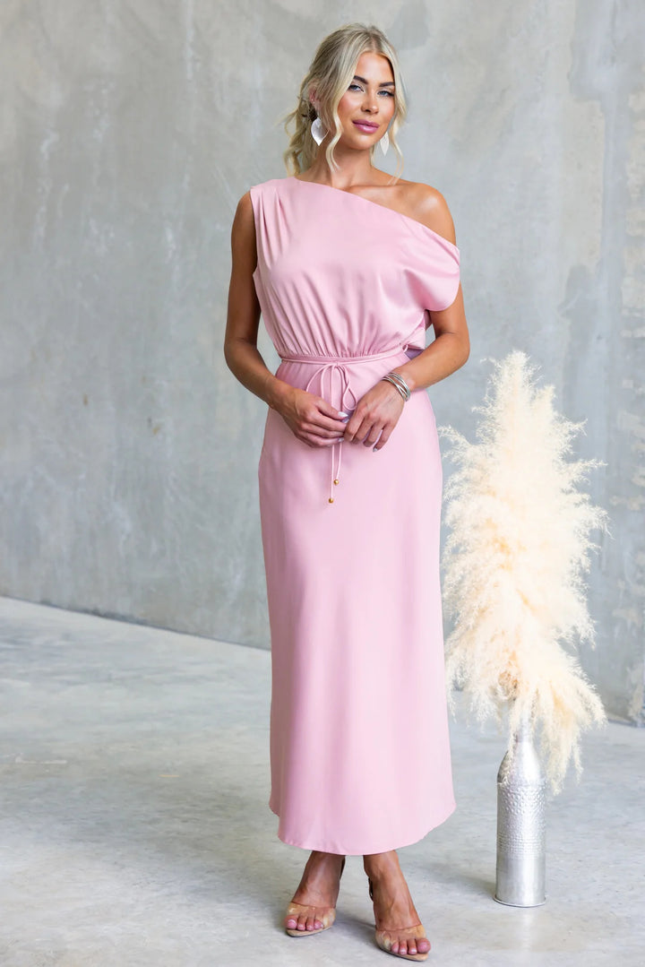 Ladies Maxi Dress with Off-Shoulder Design and Elastic Waistband Lune London