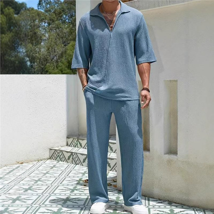 Men's casual leisure set with textured top and wide-cut trousers Lisslune