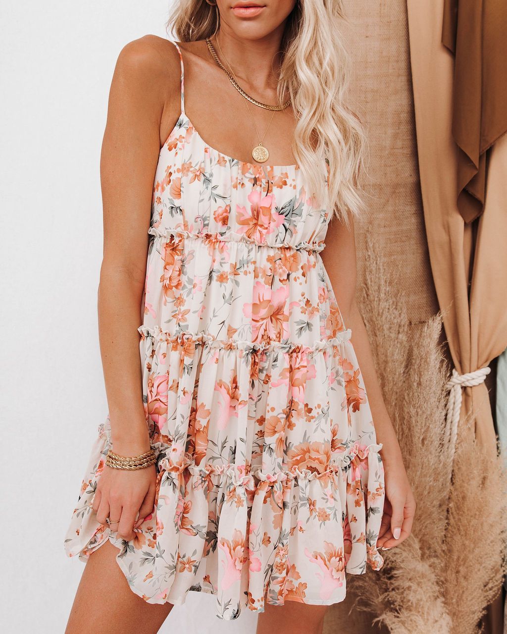Ladies summer ruffled dress with floral accents and adjustable spaghetti straps Lisslune