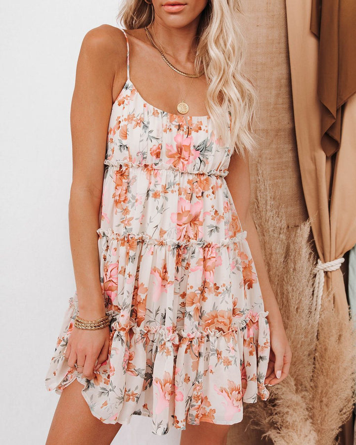 Ladies summer ruffled dress with floral accents and adjustable spaghetti straps Lisslune
