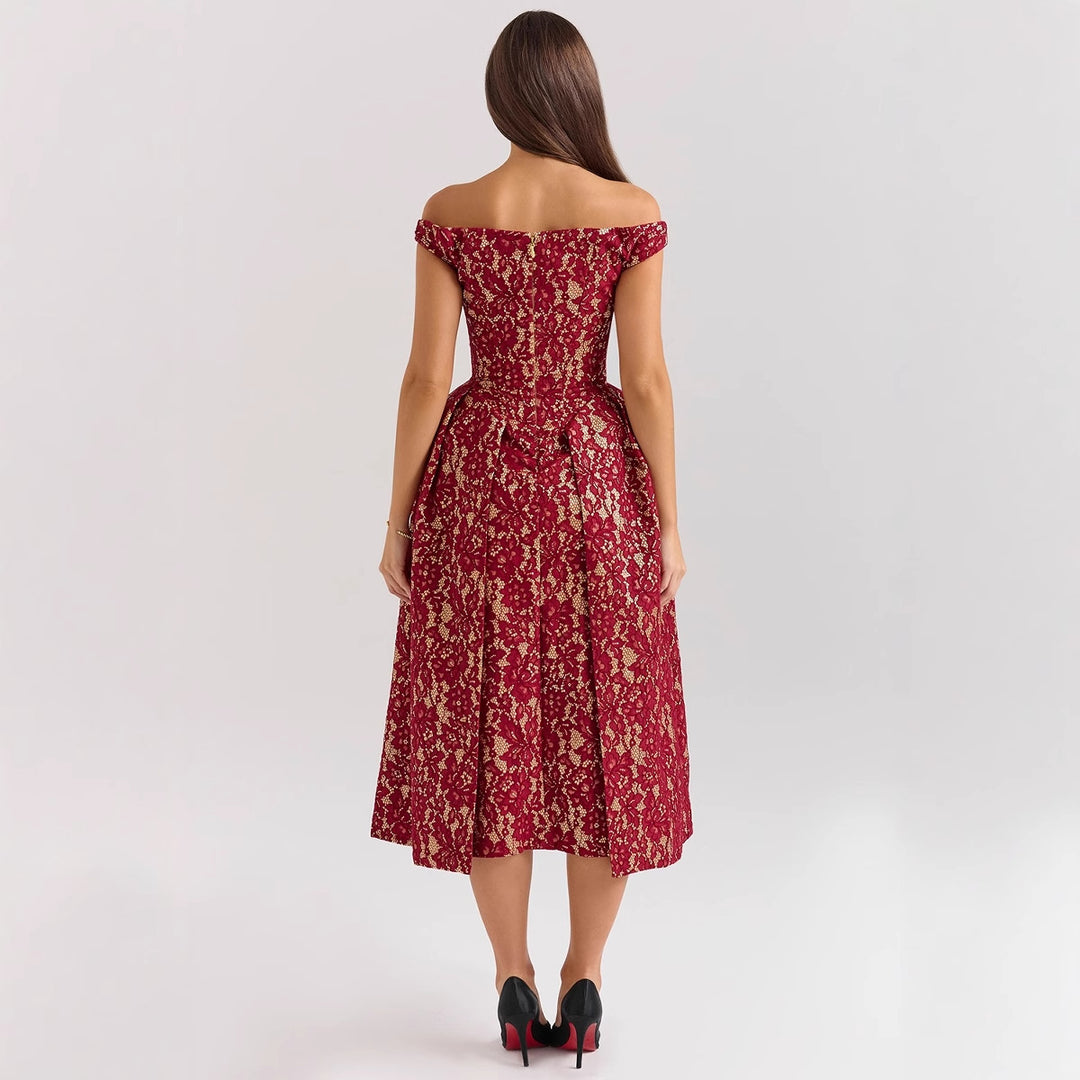 Women's evening dress with refined lace appliqués and elegant cut