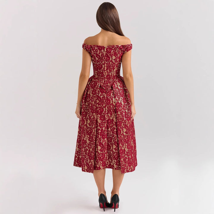 Women's evening dress with refined lace appliqués and elegant cut