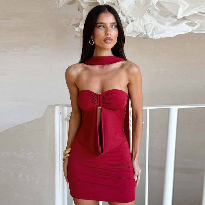 Damen figurbetontes schulterfreies Minikleid mit raffiniertem Knotendetail Lisslune
