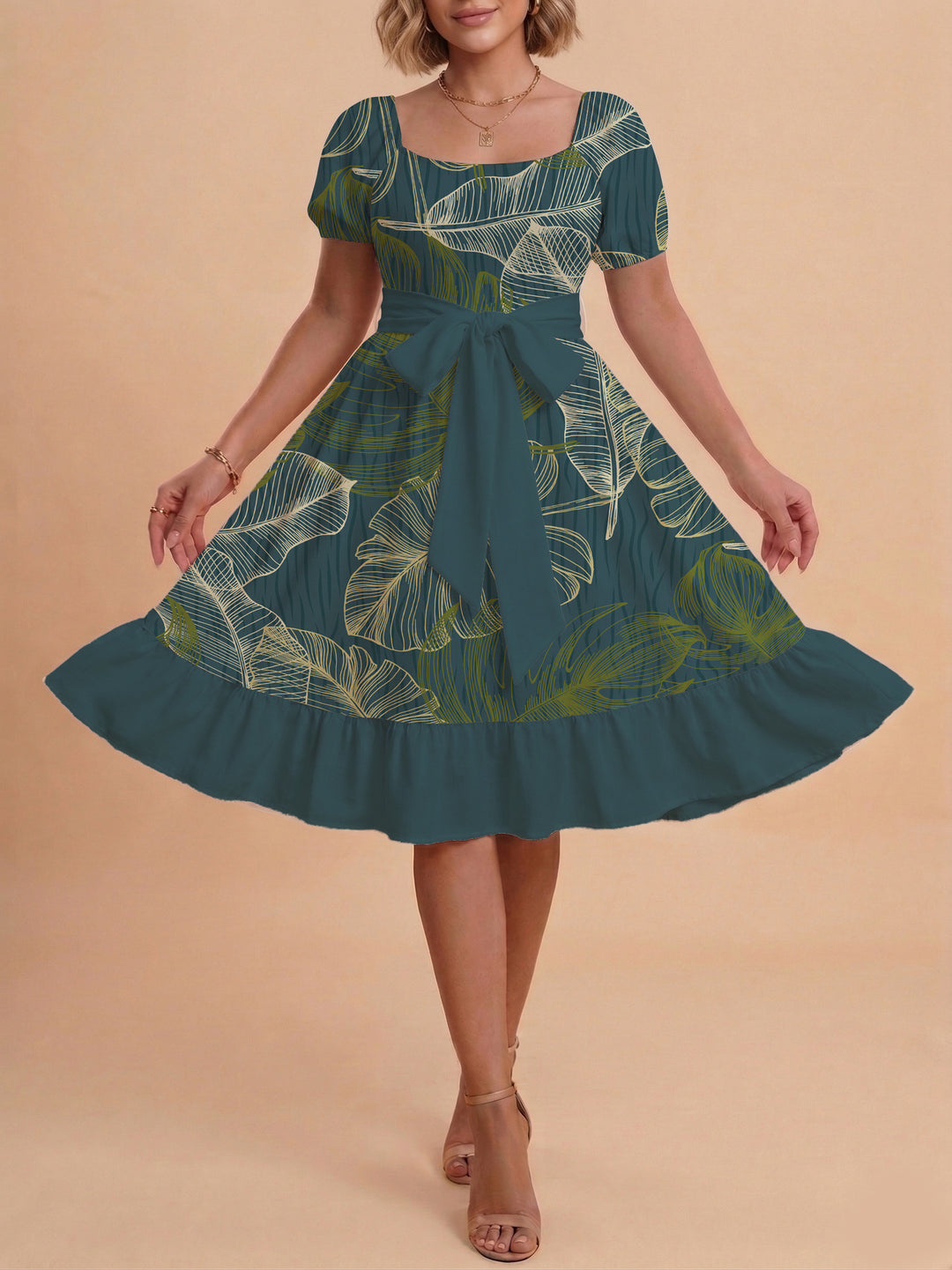 Women A-line dress with floral motifs and adjustable belt Lisslune