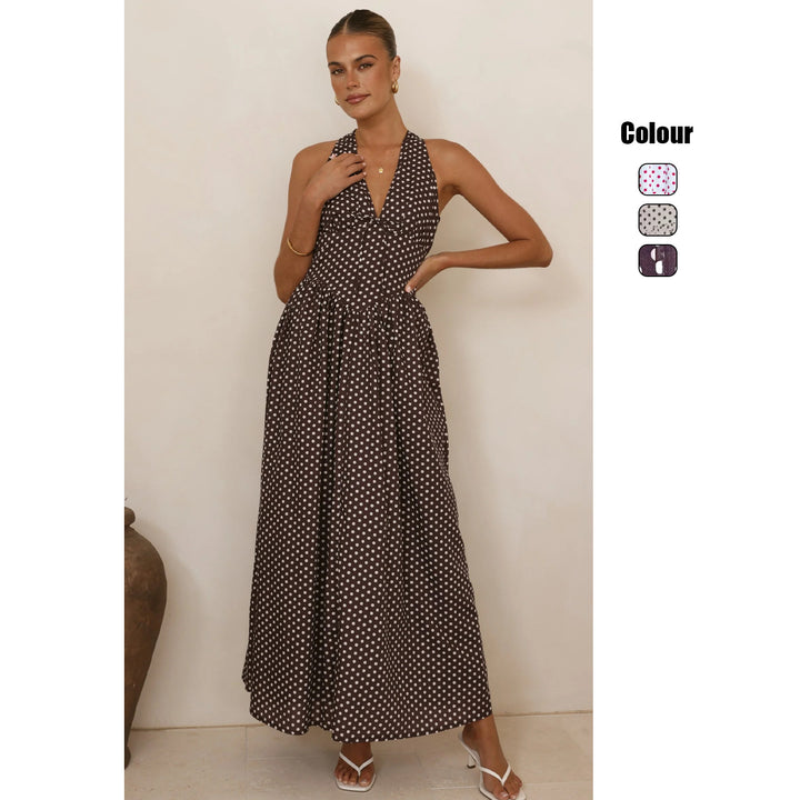 Women’s maxi dress with deep V-neckline and playful polka dot pattern