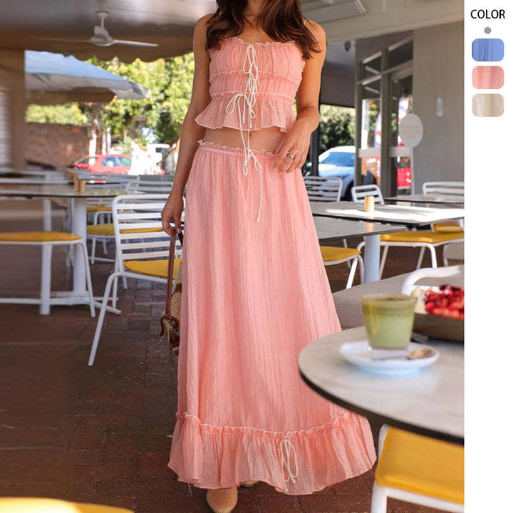 Ladies' maxi dress with playful ruffled hem and practical tie bands Lisslune