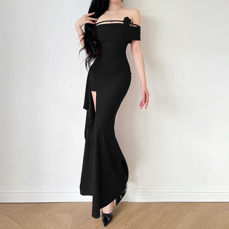 Women's elegant off-shoulder maxi dress with sophisticated cut and floral accents