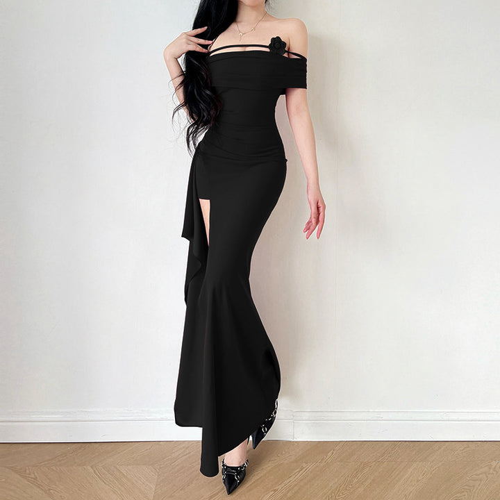 Women's elegant off-shoulder maxi dress with sophisticated cut and floral accents