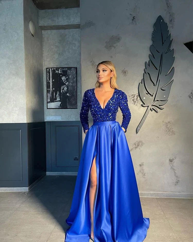 Women's Glamorous Evening Dress with Sparkling Sequins and High Slit Lisslune