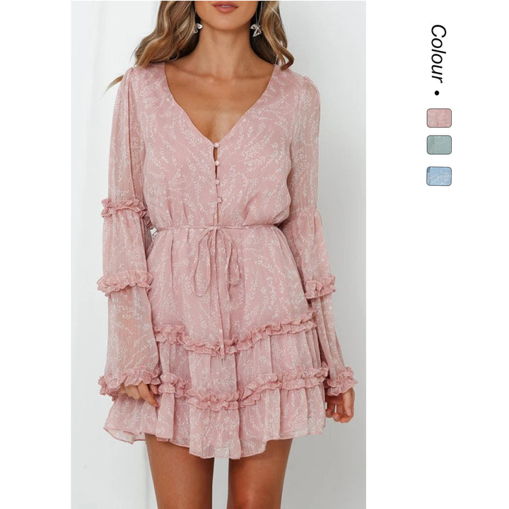 Women's ruffled dress with long, transparent sleeve and tie belt Lune London