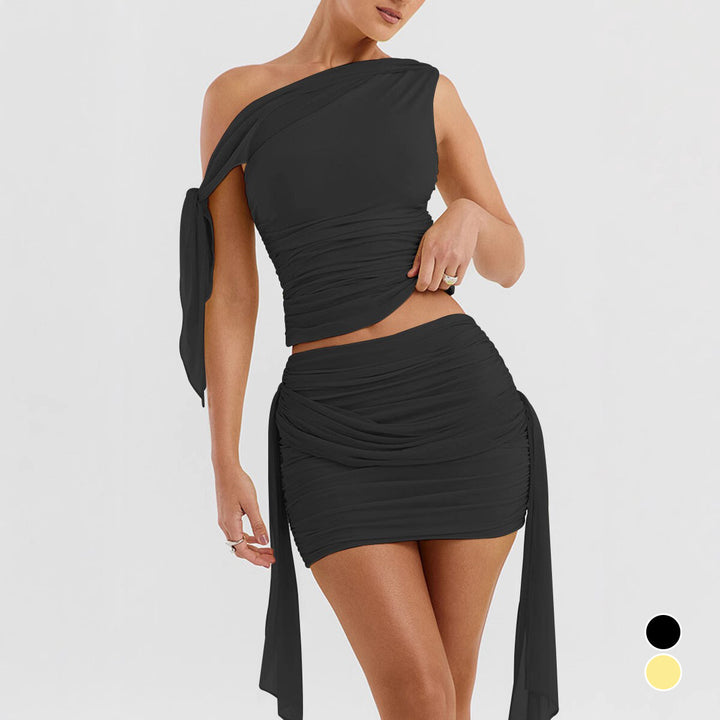 Damen Set aus schulterfreier Bluse und Mini-Rock mit Raffung Lisslune