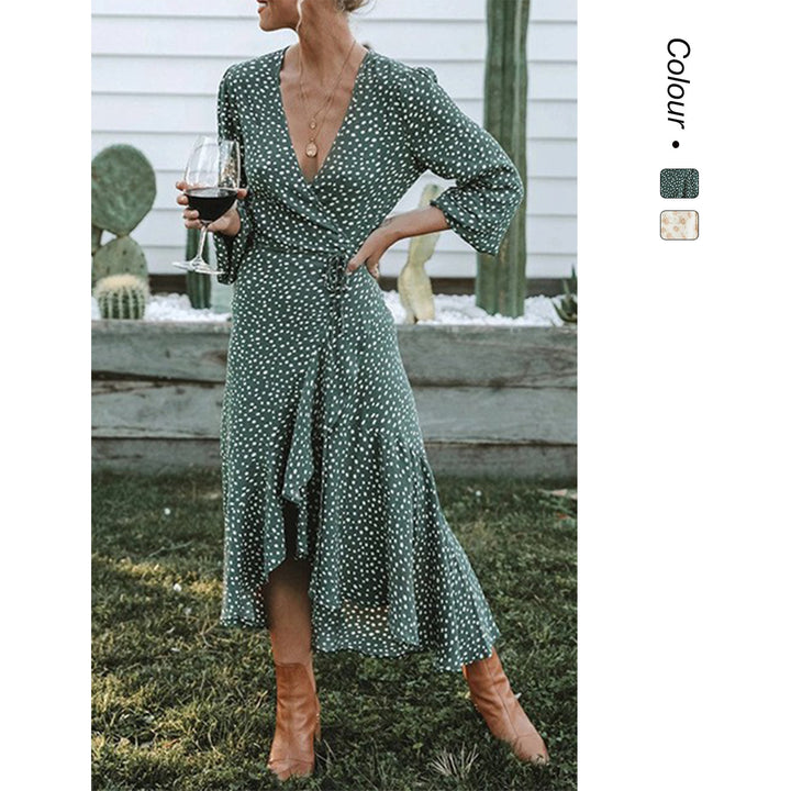Women’s wrap dress with flowing skirt and V-neck