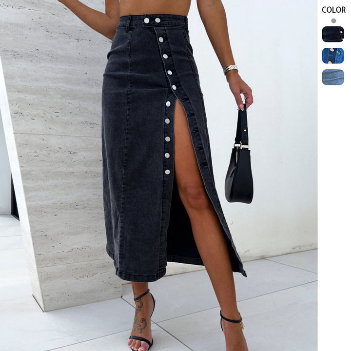 Women's Long Denim Skirt with Side Slit and Button Details Lisslune