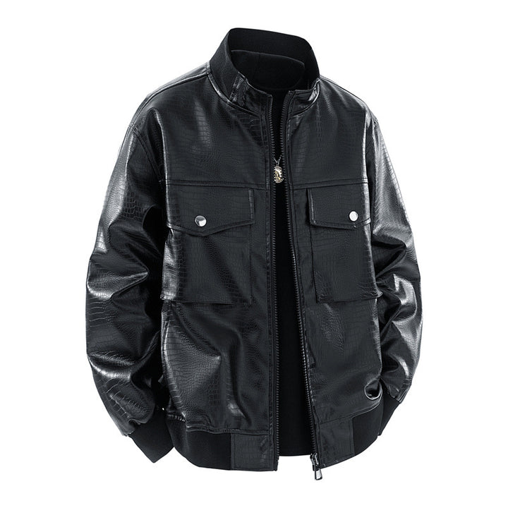 Men's Synthetic Leather Jacket with Modern Pockets and Textured Design Lisslune