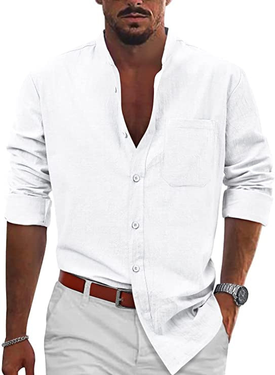 Men's casual linen shirt with classic V-neck and chest pocket Lisslune