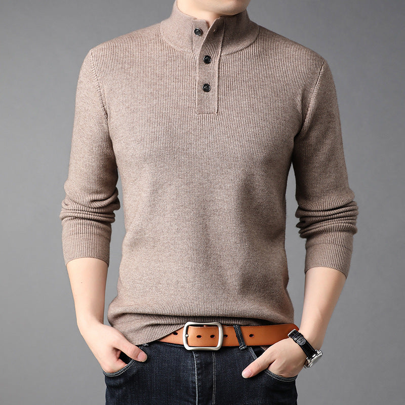 Men's Fine Knit Sweater with High Collar and Button Placket Lisslune