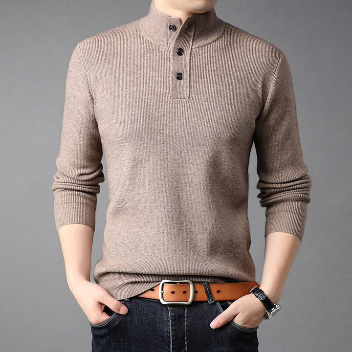 Men's Fine Knit Sweater with High Collar and Button Placket Lisslune