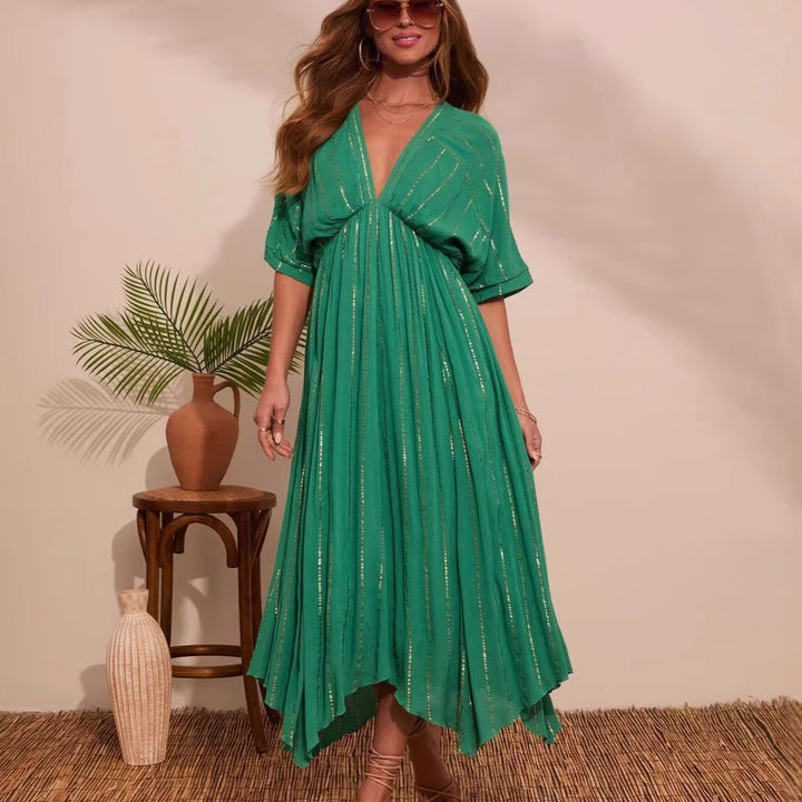 Women's maxi dress with high V-neck and flowing pleats