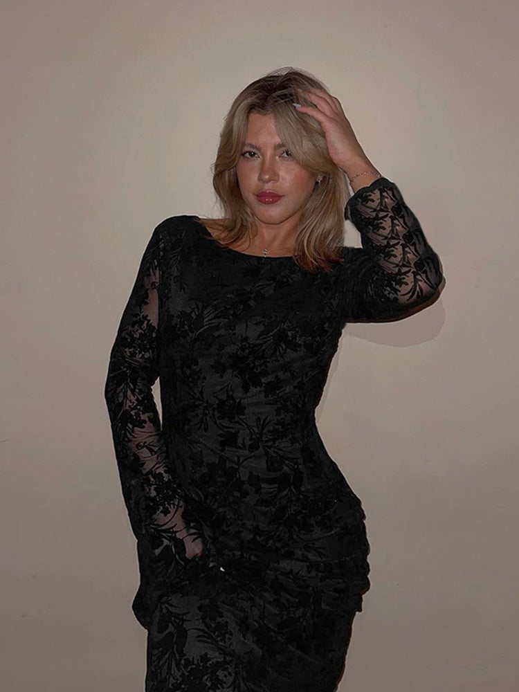Women's Elegant Long Sleeve Dress with Floral Patterns and Figure-Hugging Silhouette