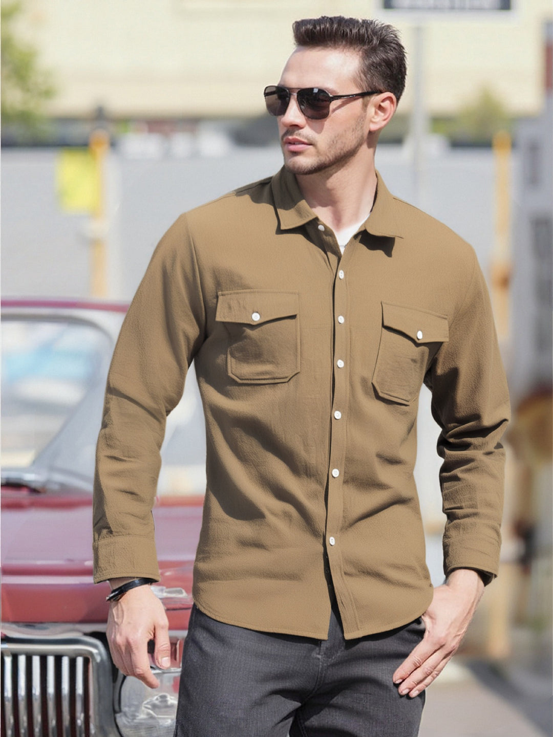 Men's Casual Long Sleeve Shirt with Practical Chest Pockets and Modern Cut Lisslune