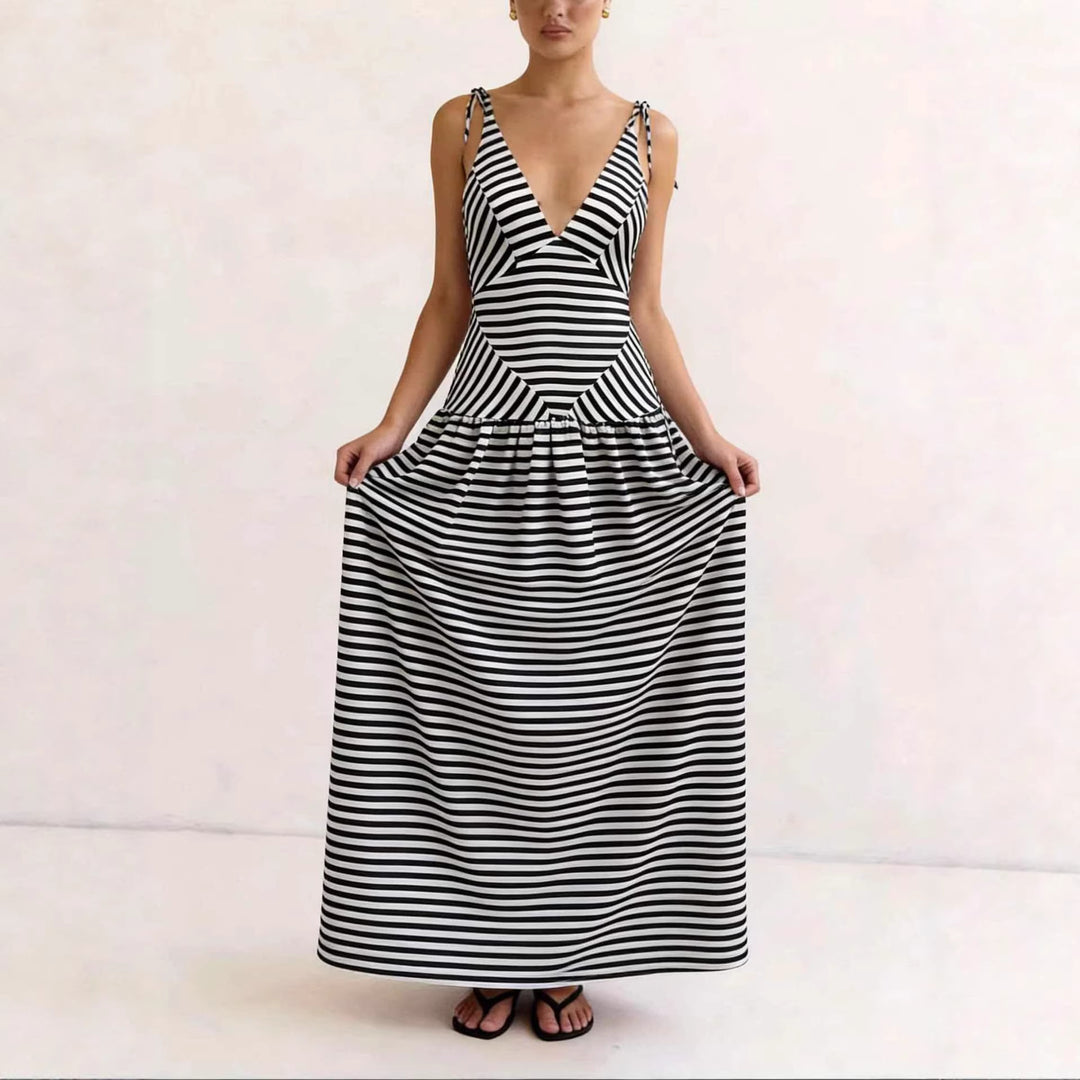 Women's maxi dress with deep V-neck and modern striped pattern Lune London