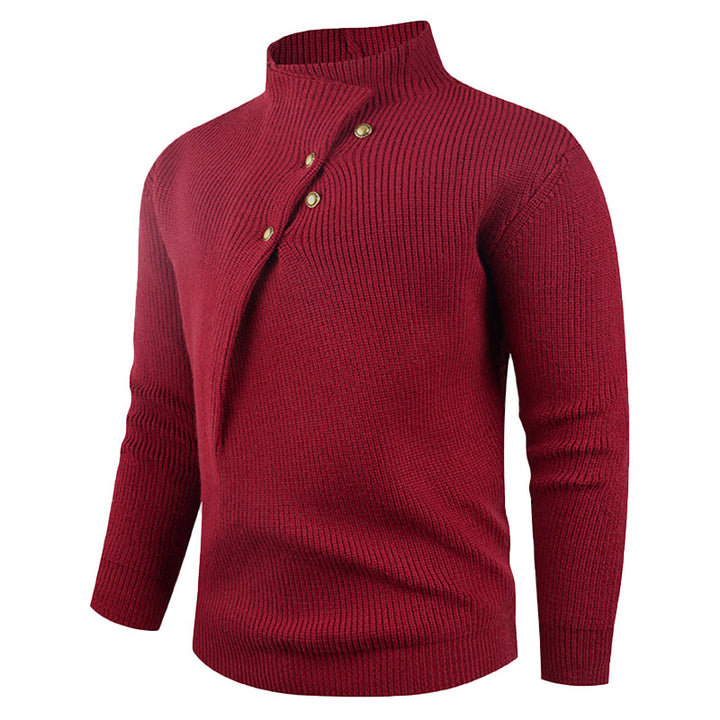 Men's knitted sweater with asymmetric collar and decorative wooden buttons Lisslune