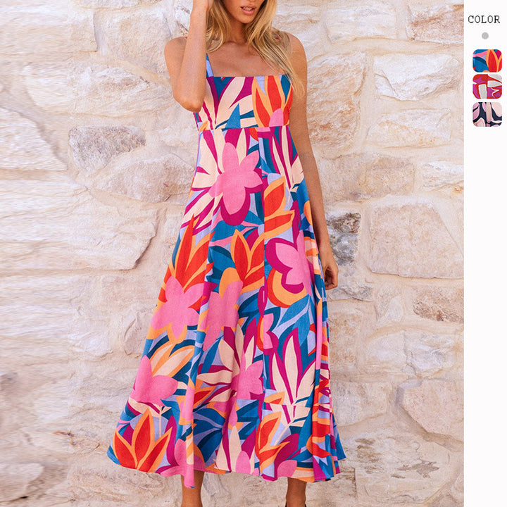 Women's maxi dress with vibrant floral design and flared skirt