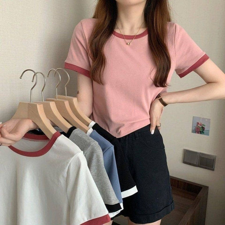 Women Short Sleeve T-Shirt with Contrasting Finishes and Lightweight Cotton Fabric